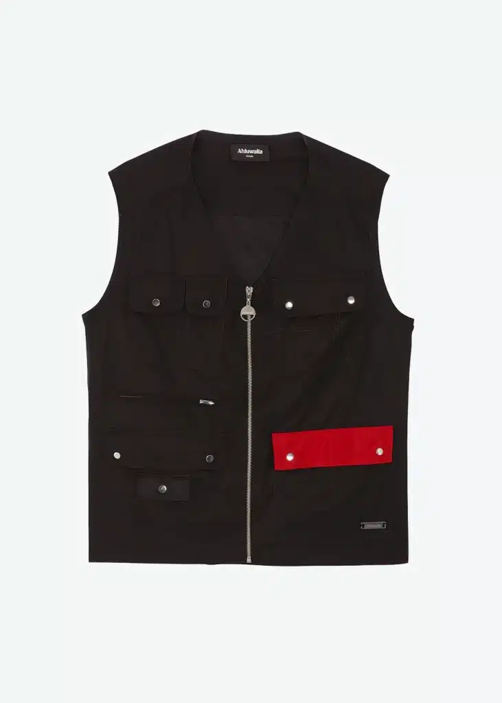 A black vest with red and black stripes.
