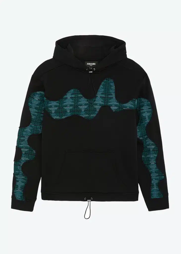 A black hoodie with a blue and green print.