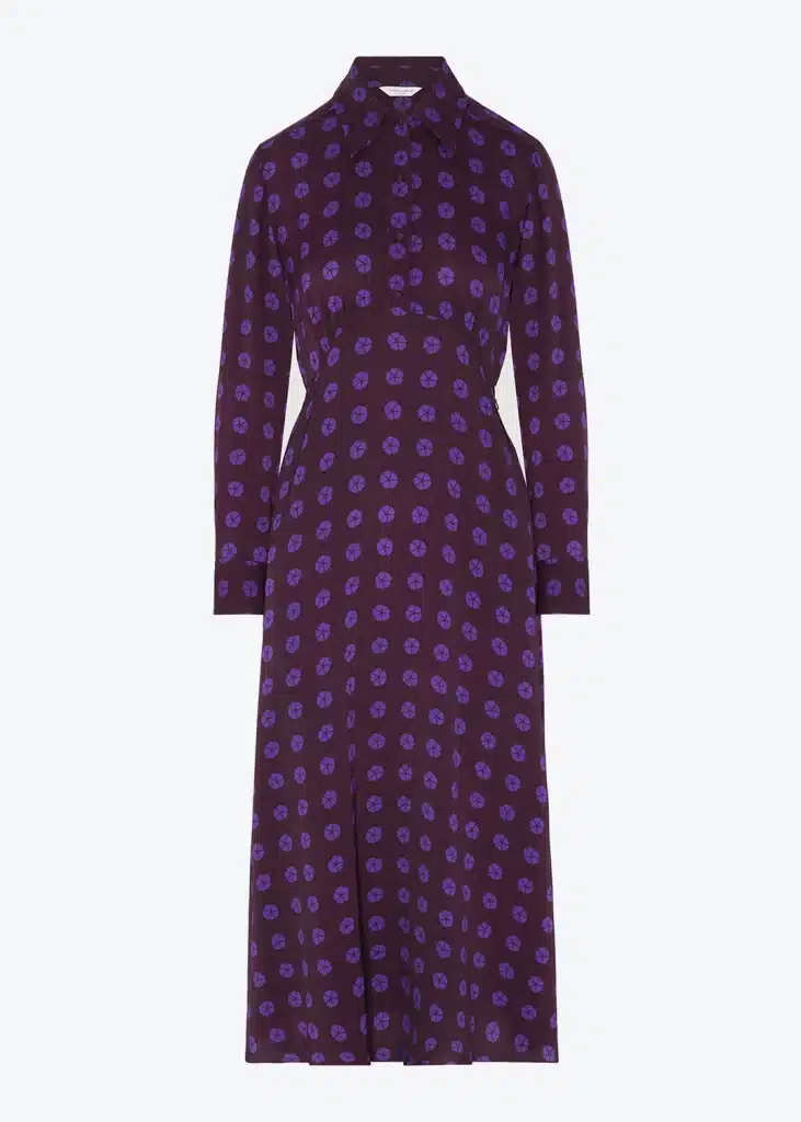 A purple polka dot midi dress.