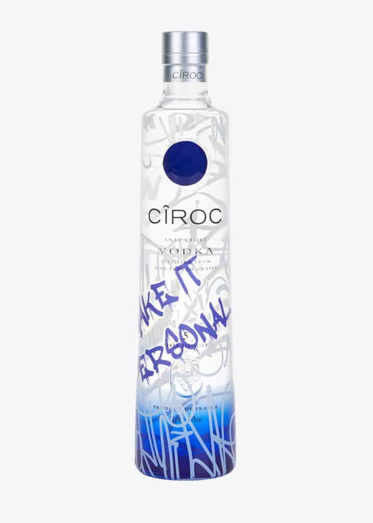 A vibrant Katlist Packshot bottle of Cirroc vodka adorned with eye-catching graffiti.