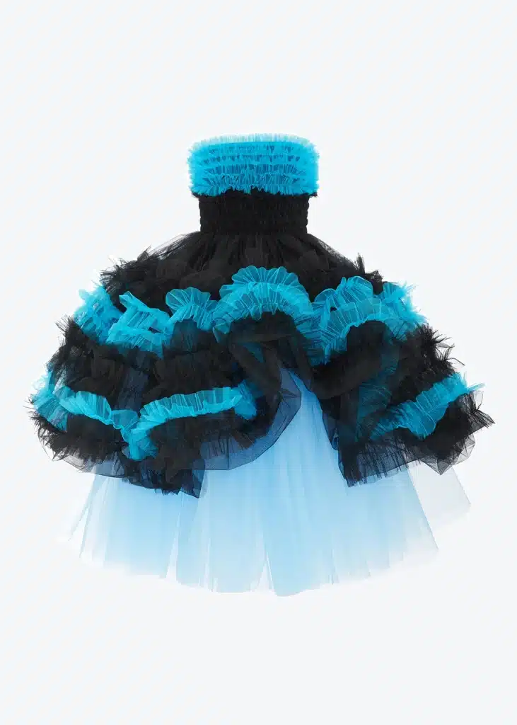 A blue and black tutu with ruffles.